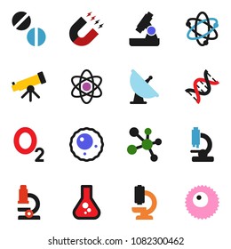 solid vector ixon set - atom vector, telescope, microscope, magnet, flask, molecule, oxygen, satellite antenna, dna, pills, ovule
