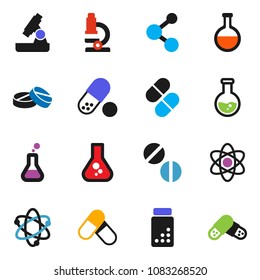 solid vector ixon set - atom vector, microscope, flask, pills vial, molecule