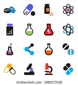 solid vector ixon set - atom vector, microscope, flask, pills vial, molecule