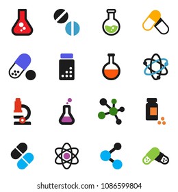 solid vector ixon set - atom vector, microscope, flask, pills vial, molecule