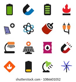 solid vector ixon set - atom vector, table lamp, magnet, flammable, oil barrel, battery, rca, solar panel, windmill
