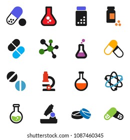solid vector ixon set - atom vector, microscope, flask, pills vial, molecule