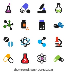 solid vector ixon set - atom vector, microscope, flask, pills vial, molecule