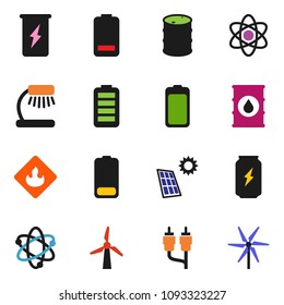 solid vector ixon set - atom vector, table lamp, enegry drink, flammable, oil barrel, battery, rca, solar panel, windmill