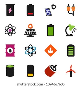 solid vector ixon set - atom vector, table lamp, enegry drink, flammable, oil barrel, battery, rca, solar panel, windmill