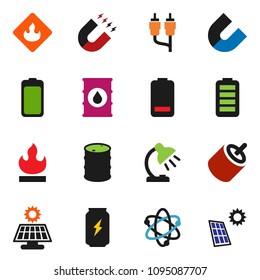 solid vector ixon set - atom vector, table lamp, magnet, enegry drink, flammable, oil barrel, battery, rca, solar panel