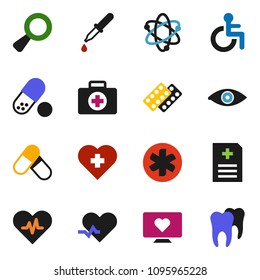 solid vector ixon set - atom vector, pills, heart monitor, cross, first aid kit, ambulance star, disabled, pulse, eye, magnifier, dropper, blister, anamnesis, tooth