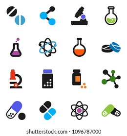 solid vector ixon set - atom vector, microscope, flask, pills vial, molecule