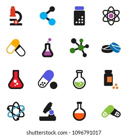 solid vector ixon set - atom vector, microscope, flask, pills vial, molecule