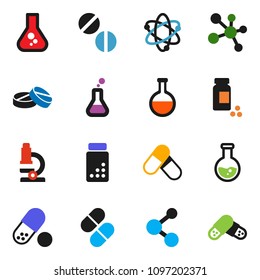 solid vector ixon set - atom vector, microscope, flask, pills vial, molecule