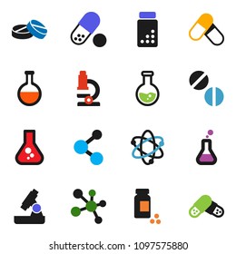 solid vector ixon set - atom vector, microscope, flask, pills vial, molecule