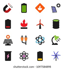 solid vector ixon set - atom vector, table lamp, magnet, enegry drink, flammable, oil barrel, battery, rca, solar panel, windmill