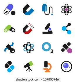 solid vector ixon set - atom vector, telescope, microscope, magnet, pills, molecule, oxygen, satellite, drop counter, ovule