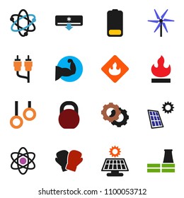 solid vector ixon set - atom vector, weight, muscule hand, boxing glove, gymnast rings, flammable, battery, rca, gear, solar panel, windmill, air conditioner, factory