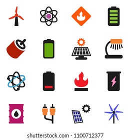 solid vector ixon set - atom vector, table lamp, enegry drink, flammable, oil barrel, battery, rca, solar panel, windmill