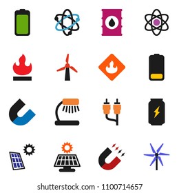 solid vector ixon set - atom vector, table lamp, magnet, enegry drink, flammable, oil barrel, battery, rca, solar panel, windmill