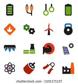 solid vector ixon set - atom vector, weight, hand trainer, muscule, gymnast rings, flammable, battery, rca, gear, solar panel, windmill, air conditioner, factory