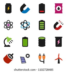 solid vector ixon set - atom vector, table lamp, magnet, enegry drink, oil barrel, battery, rca, solar panel, windmill