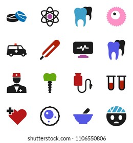 solid vector ixon set - atom vector, heart cross, doctor, thermometer, vial, pills, mortar, amkbulance car, diagnostic monitor, drop counter, ovule, tooth, implant, head bandage