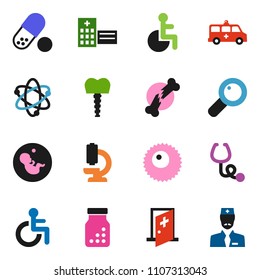 solid vector ixon set - atom vector, pills, disabled, magnifier, pregnancy, broken bone, stethoscope, bottle, microscope, hospital building, amkbulance car, ovule, tooth implant, medical room
