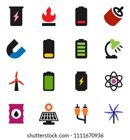solid vector ixon set - atom vector, table lamp, magnet, enegry drink, flammable, oil barrel, battery, rca, solar panel, windmill