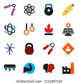 solid vector ixon set - atom vector, weight, hand trainer, muscule, boxing glove, gymnast rings, flammable, remote control, solar panel, windmill, air conditioner, factory