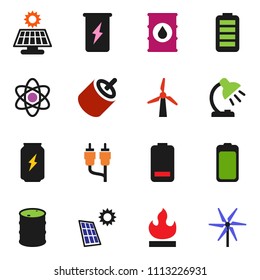 solid vector ixon set - atom vector, table lamp, enegry drink, flammable, oil barrel, battery, rca, solar panel, windmill