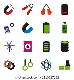 solid vector ixon set - atom vector, magnet, hand trainer, boxing glove, gymnast rings, oil barrel, remote control, battery, gear, solar panel, windmill, factory