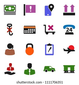 solid vector ixon set - attention vector, plane, money, phone 24, support, client, traking, car, calendar, clipboard, top sign, no trolley, hook, weight, Railway carriage