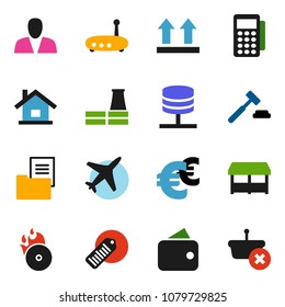 solid vector ixon set - auction vector, euro sign, plane, top, barcode, music hit, network server, router, house, estate document, consumer, factory, wallet, market, card reader, basket