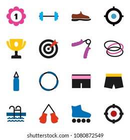 solid vector ixon set - award cup vector, target, barbell, hand trainer, punching bag, snickers, boxing glove, shorts, roller Skates, medal, pool, hoop