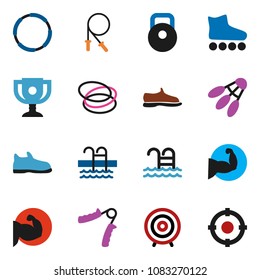 solid vector ixon set - award cup vector, target, weight, jump rope, hand trainer, muscule, snickers, roller Skates, shuttlecock, pool, hoop