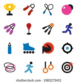 solid vector ixon set - award cup vector, target, jump rope, hand trainer, punching bag, fitball, muscule, roller Skates, shuttlecock, hoop, gymnast rings, run