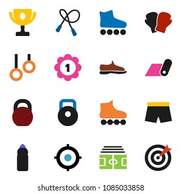 solid vector ixon set - award cup vector, target, stadium, weight, jump rope, boxing glove, shorts, roller Skates, medal, water bottle, fitness mat, gymnast rings