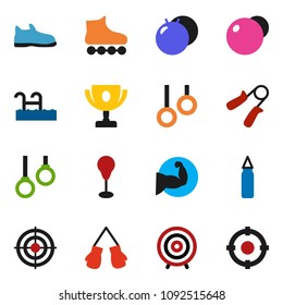 solid vector ixon set - award cup vector, target, hand trainer, punching bag, fitball, muscule, snickers, boxing glove, roller Skates, gymnast rings, pool