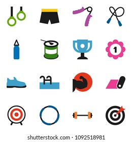 solid vector ixon set - award cup vector, barbell, jump rope, hand trainer, punching bag, muscule, snickers, shorts, target, medal, sports nutrition, fitness mat, hoop, gymnast rings, pool