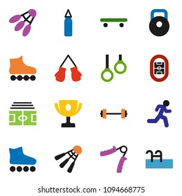 solid vector ixon set - award cup vector, barbell, stadium, weight, hand trainer, punching bag, boxing glove, roller Skates, skateboard, shuttlecock, gymnast rings, run, pool