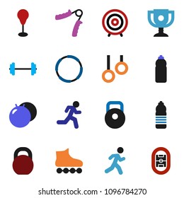 solid vector ixon set - award cup vector, target, barbell, weight, hand trainer, punching bag, fitball, roller Skates, water bottle, hoop, gymnast rings, run, stadium