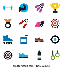 solid vector ixon set - award cup vector, target, barbell, hand trainer, muscule, snickers, roller Skates, medal, sports nutrition, water bottle, fitness mat, shuttlecock, gymnast rings