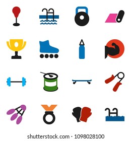 solid vector ixon set - award cup vector, barbell, weight, hand trainer, punching bag, muscule, boxing glove, roller Skates, skateboard, medal, sports nutrition, fitness mat, shuttlecock, pool