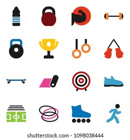 solid vector ixon set - award cup vector, target, barbell, stadium, weight, muscule hand, snickers, boxing glove, roller Skates, skateboard, water bottle, fitness mat, hoop, gymnast rings, run