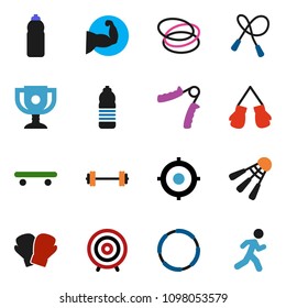 solid vector ixon set - award cup vector, target, barbell, jump rope, hand trainer, muscule, boxing glove, skateboard, water bottle, shuttlecock, hoop, run