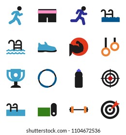 solid vector ixon set - award cup vector, barbell, muscule hand, snickers, shorts, target, water bottle, fitness mat, pool, hoop, gymnast rings, run