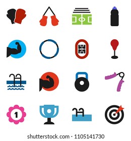 solid vector ixon set - award cup vector, stadium, weight, hand trainer, punching bag, muscule, boxing glove, medal, water bottle, pool, hoop, target