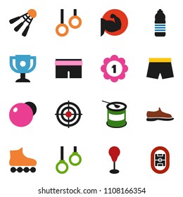 solid vector ixon set - award cup vector, punching bag, fitball, muscule hand, snickers, shorts, roller Skates, target, medal, sports nutrition, water bottle, shuttlecock, gymnast rings, stadium