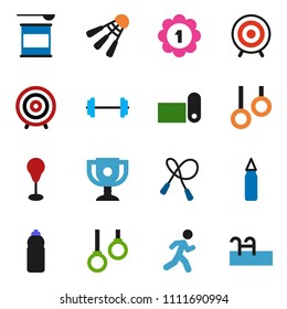 solid vector ixon set - award cup vector, target, barbell, jump rope, punching bag, medal, sports nutrition, water bottle, fitness mat, shuttlecock, gymnast rings, run, pool