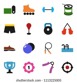 solid vector ixon set - award cup vector, barbell, weight, jump rope, hand trainer, punching bag, fitball, snickers, boxing glove, shorts, roller Skates, medal, sports nutrition, fitness mat, pool