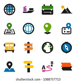 solid vector ixon set - backpack vector, compass, school bus, world, signpost, navigator, earth, map pin, ship, route, globe, mountain