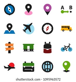 solid vector ixon set - backpack vector, compass, school bus, bike, signpost, map pin, plane, route, Railway carriage, globe
