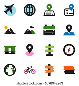 solid vector ixon set - backpack vector, compass, bike, signpost, navigator, earth, map pin, plane, Railway carriage, globe, mountain